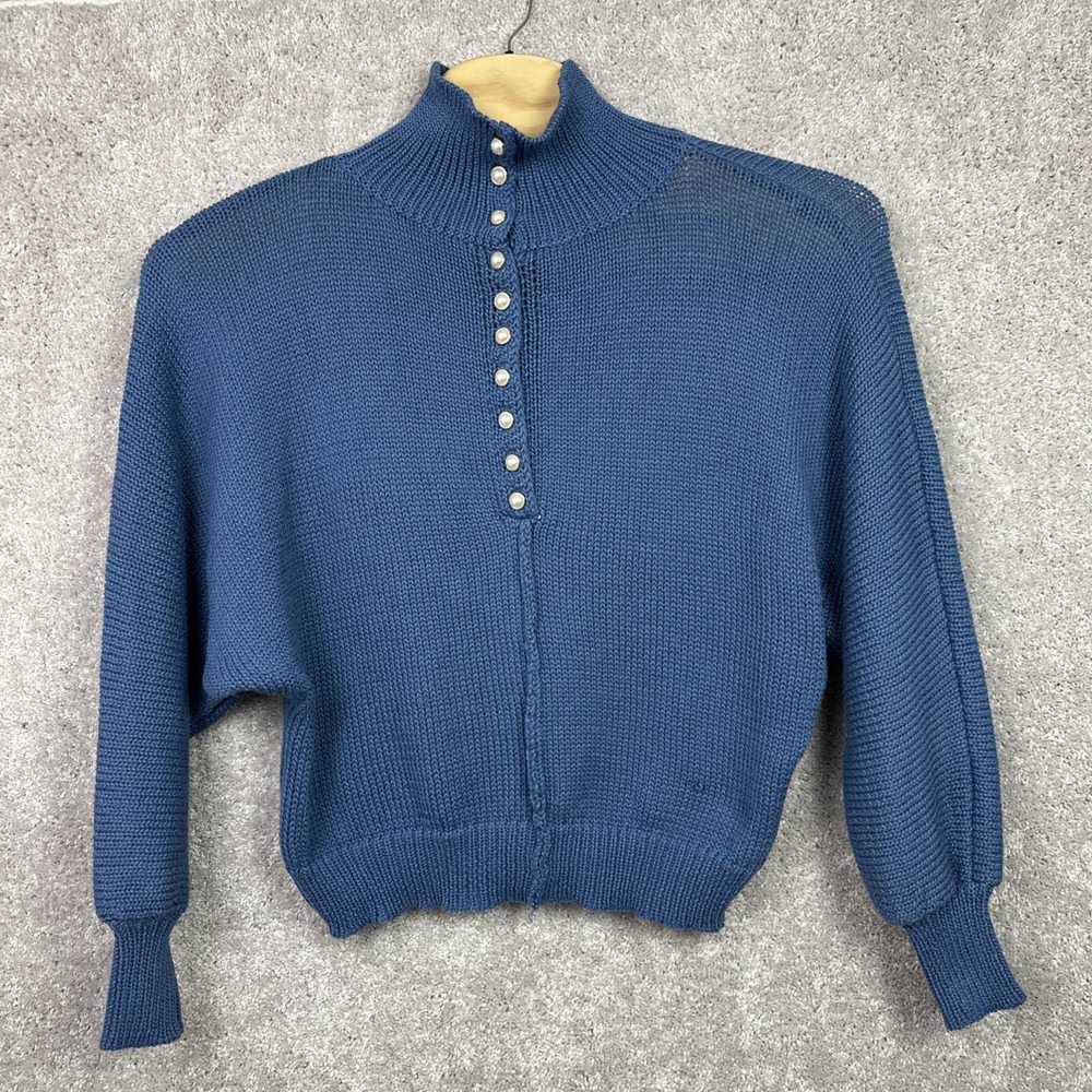 POL Pearl‎ Buttons Sweater Top Mock Neck Knit Blue Pullover Chunky Size Large